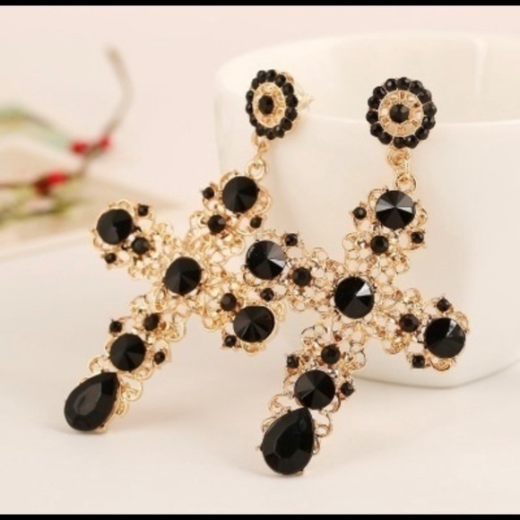 Boho Crystal Cross Drop Statement Earrings - Picture 2 of 5